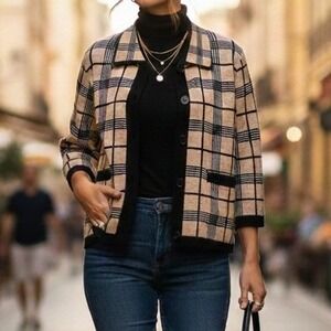 Hampshire Studio Women XL Plaid Cardigan Jacket Sweater Parisian Chic Old Money
